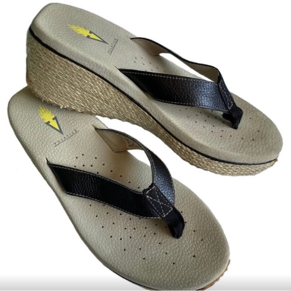 Volatile Black and Tan Wedge Flip Flop Sandals